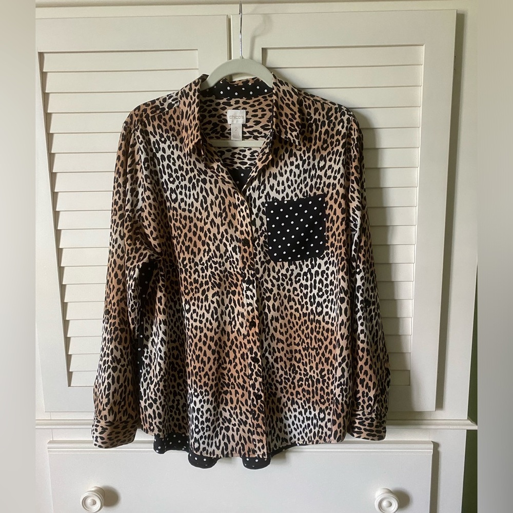 Chico's Leopard Print Button-Down with Black Polka Dot Pocket and Back
